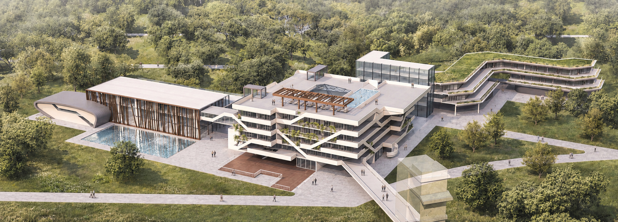 Render ugostiteljskog kompleksa Jezero iz ptičje perspektive sa ozelenjenim krovovima i vodenim ogledalom