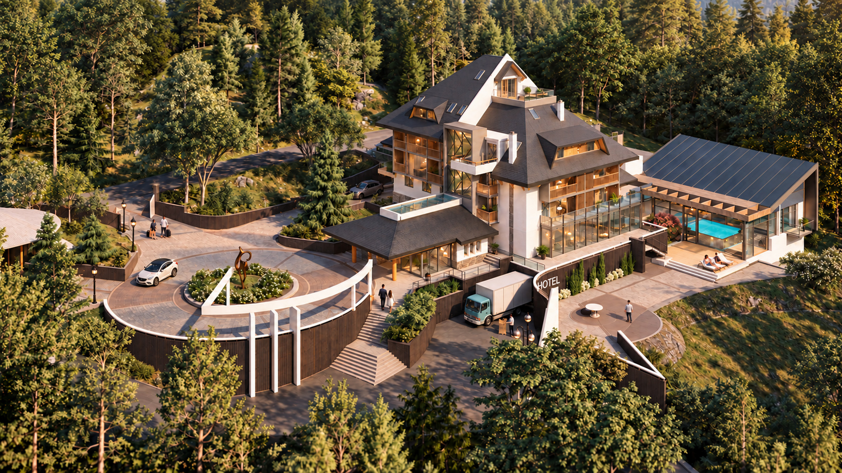 Render Lovačkog hotela iz ptičje perspektive sa ulaznim platoom, terasama i zastakljenim bazenom u šumskom okruženju
