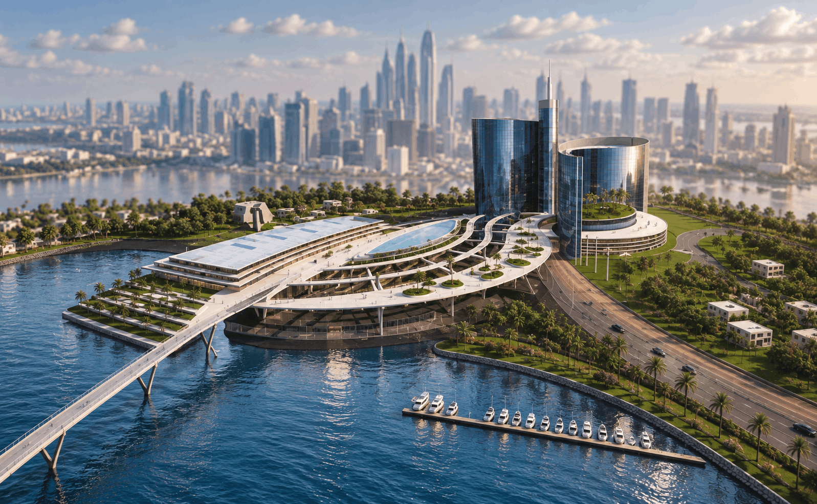 Konkursno rešenje poslovno-hotelskog kompleksa Dubai – pogled iz vazduha sa pešačkim mostom, marinom i staklenim kulama uz vodu