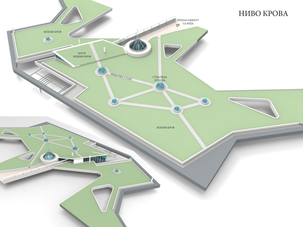Plan zelenog krova sa pešačkim stazama i staklenim kupolama – ekološka arhitektura.