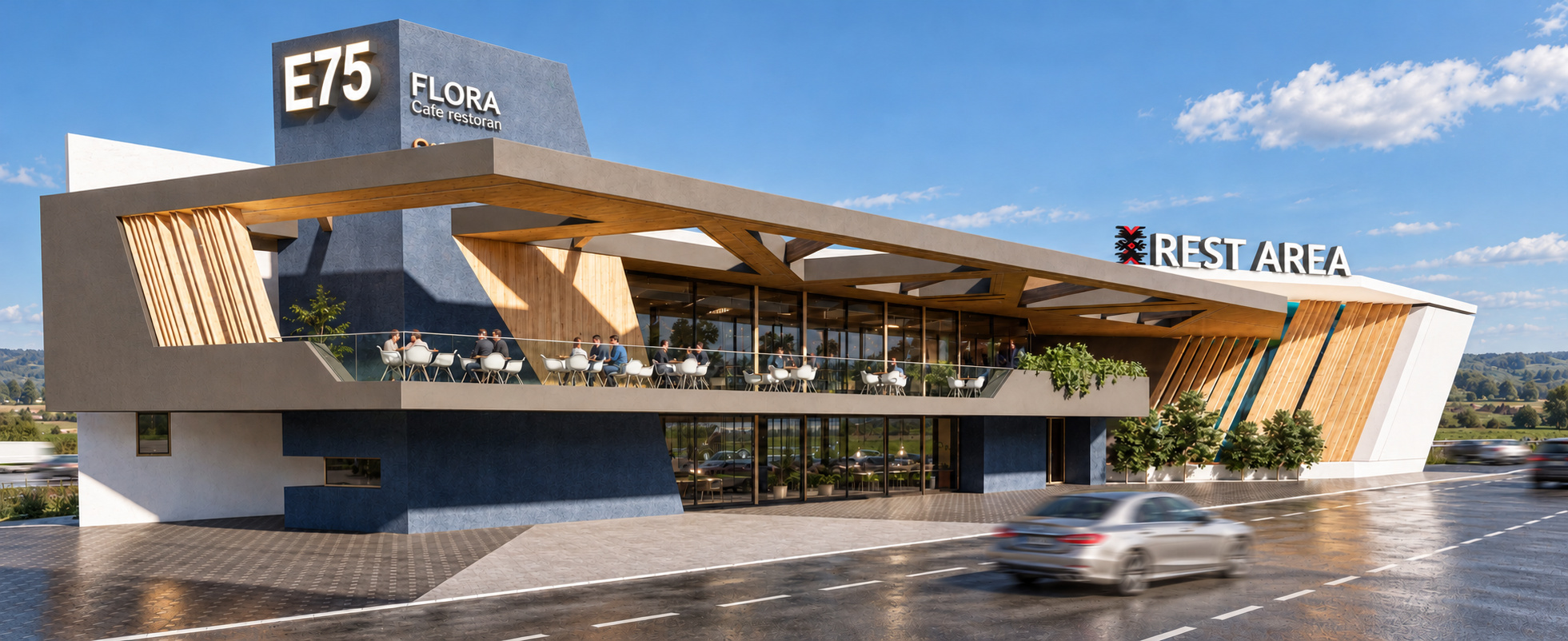 Render odmorišta uz autoput E75 sa ulaznim platoom i natkrivenom terasom