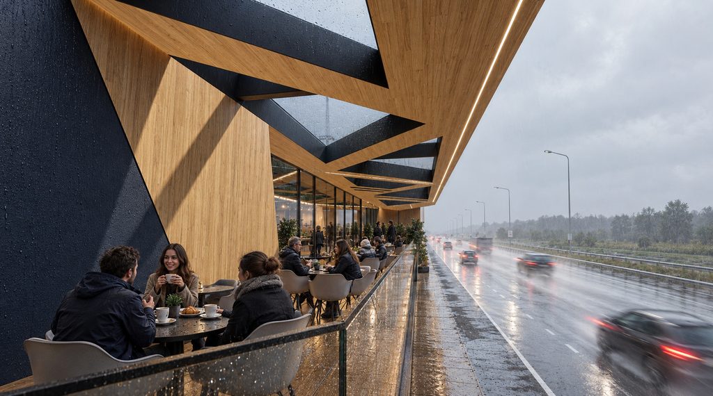 Natkrivena terasa restorana odmorišta E75 sa dijagonalnim elementima i pogledom prema autoputu