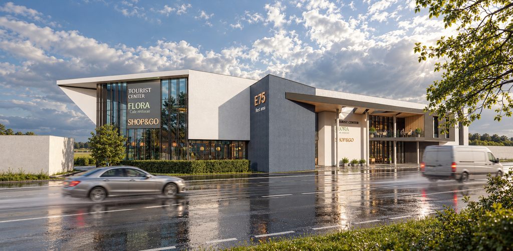 Odmorište E75 kod Horgoša – zastakljena fasada turističkog centra, restorana i prodajnog prostora