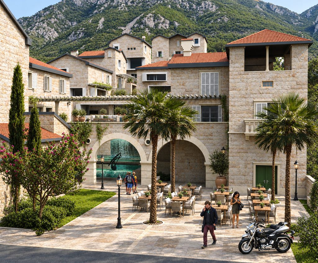 Dvorište hotelskog kompleksa u Prčnju sa kamenim lukovima, palmama i prostorom za sedenje