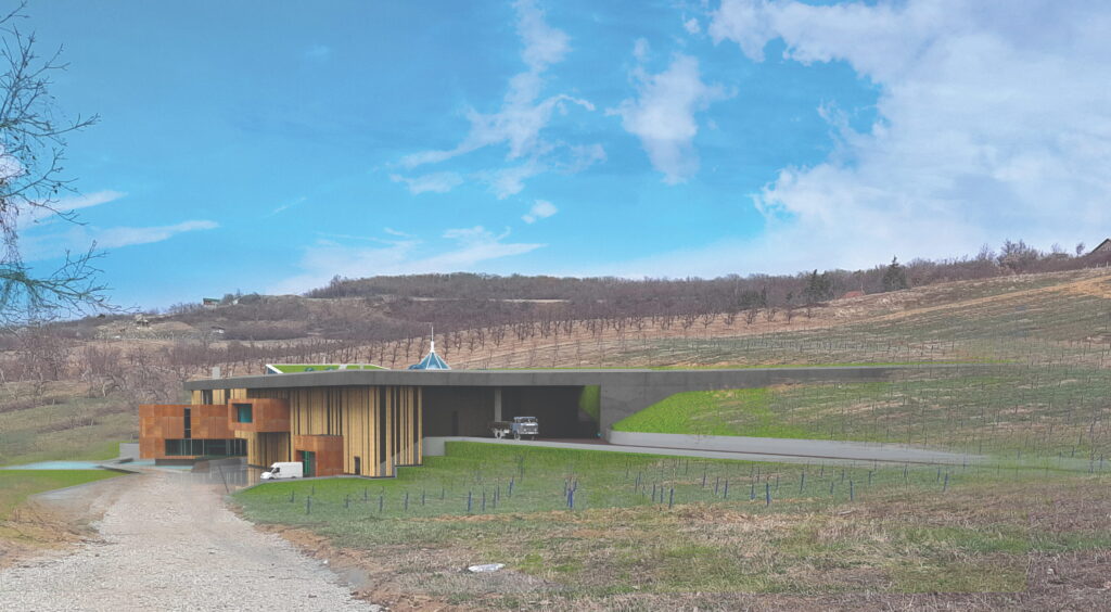 Spoljašnji izgled moderne vinarije integrisane u brdo, Fruška gora.