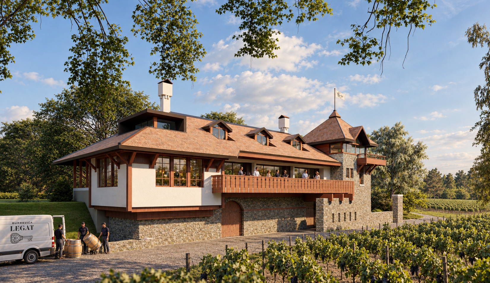 Dnevni render projekta Đurđevića legat sa kamenim prizemljem, drvenim balkonom, kosim krovovima i vinogradom