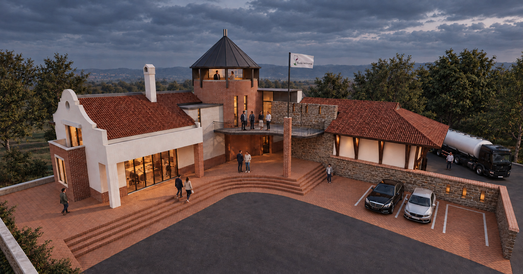 Render idejnog projekta vinarije Kula vetrova kod Vršca, sa centralnom kulom, kosim krovovima i ulaznim platoom