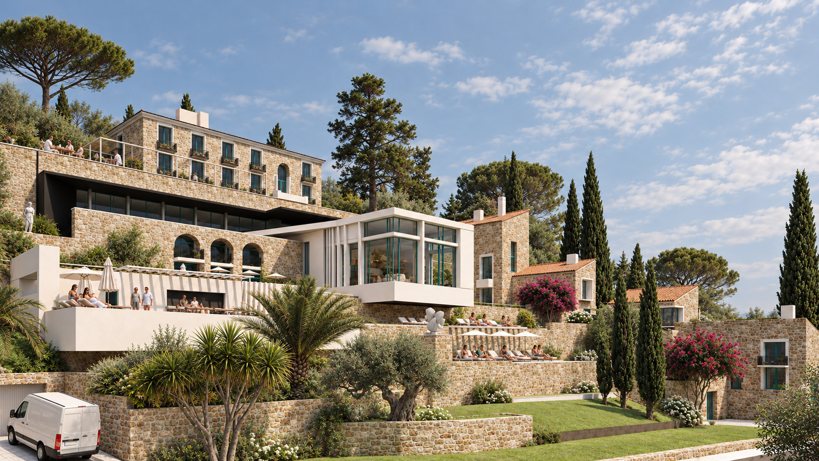 Dnevni render hotelskog kompleksa Grbalj sa kamenim fasadama, kaskadnim terasama i mediteranskim zelenilom