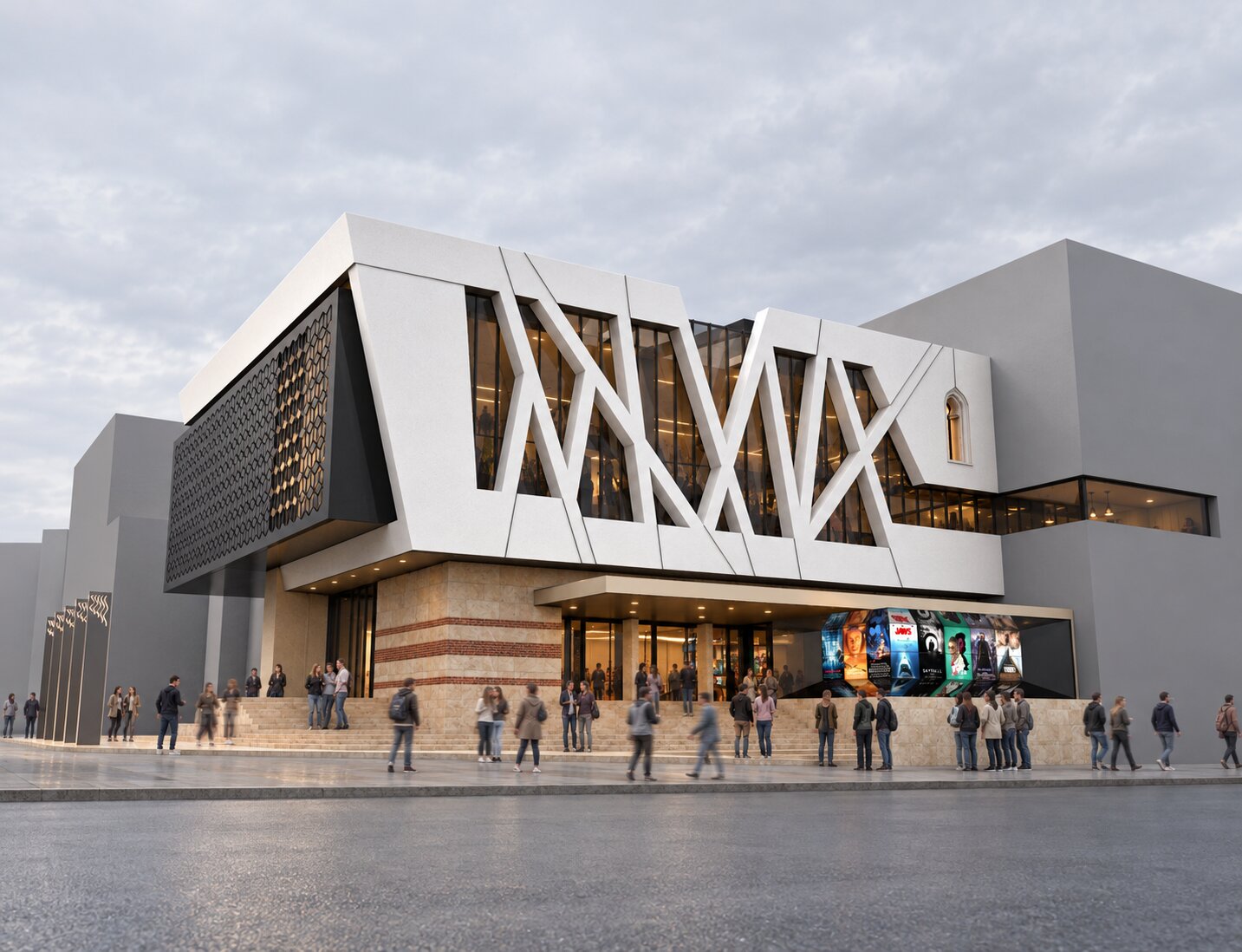 Render bioskopa u Novom Pazaru sa natkrivenim ulazom i belim fasadnim okvirom
