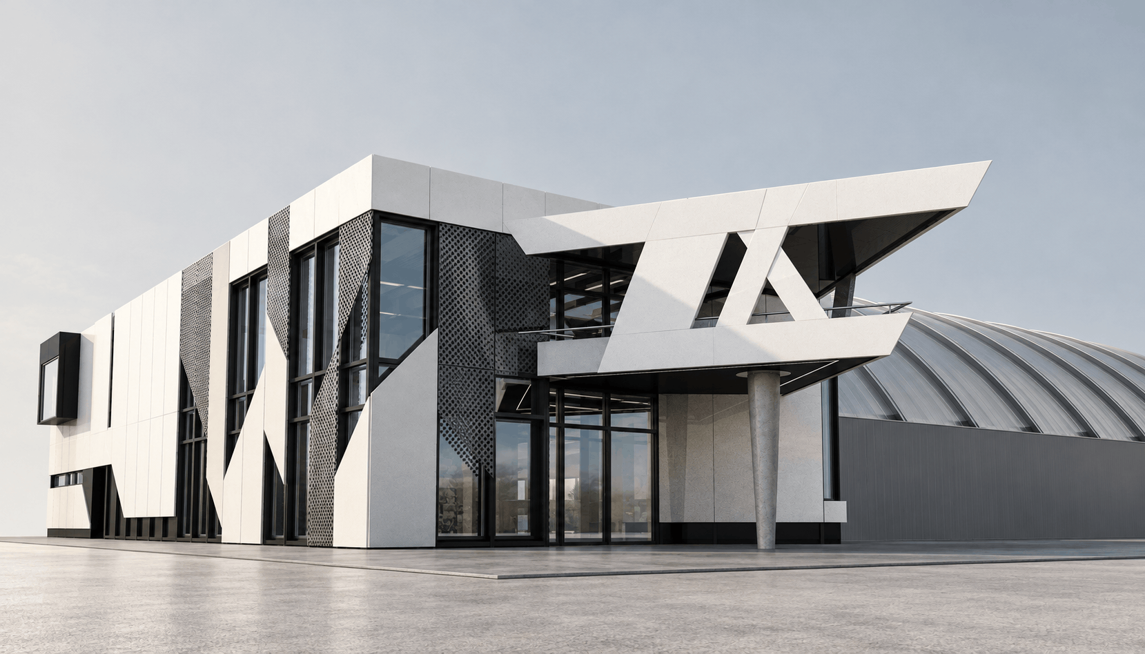 Render poslovnog objekta sa halom sa strane natkrivene terase, dijagonalnim fasadnim elementima i lučnim metalnim krovom hale