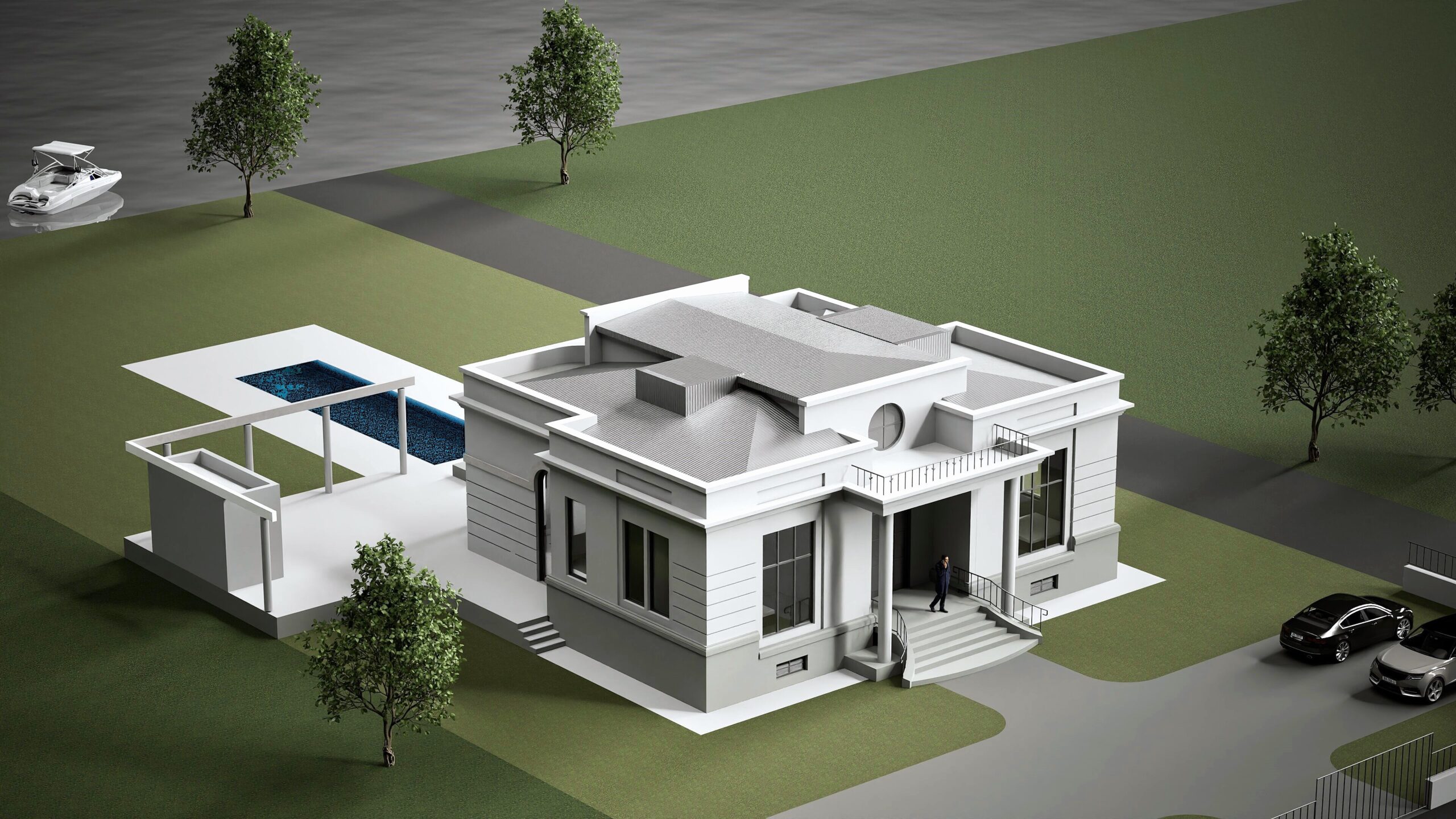 Arhitektonsko rešenje stilske vile na obali reke bele fasade sa dekorativnim vencem sa bazenom, 3D prikaz fotorealični