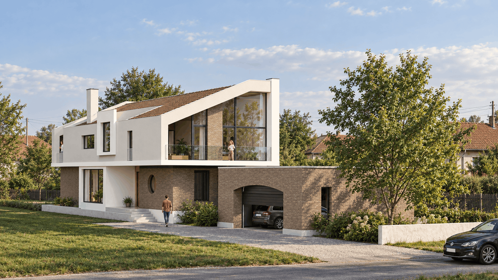 Render ruralne kuće u Bečmenu sa ulazne strane, sa lučnim garažnim otvorom, fasadnom opekom i zastakljenim balkonom