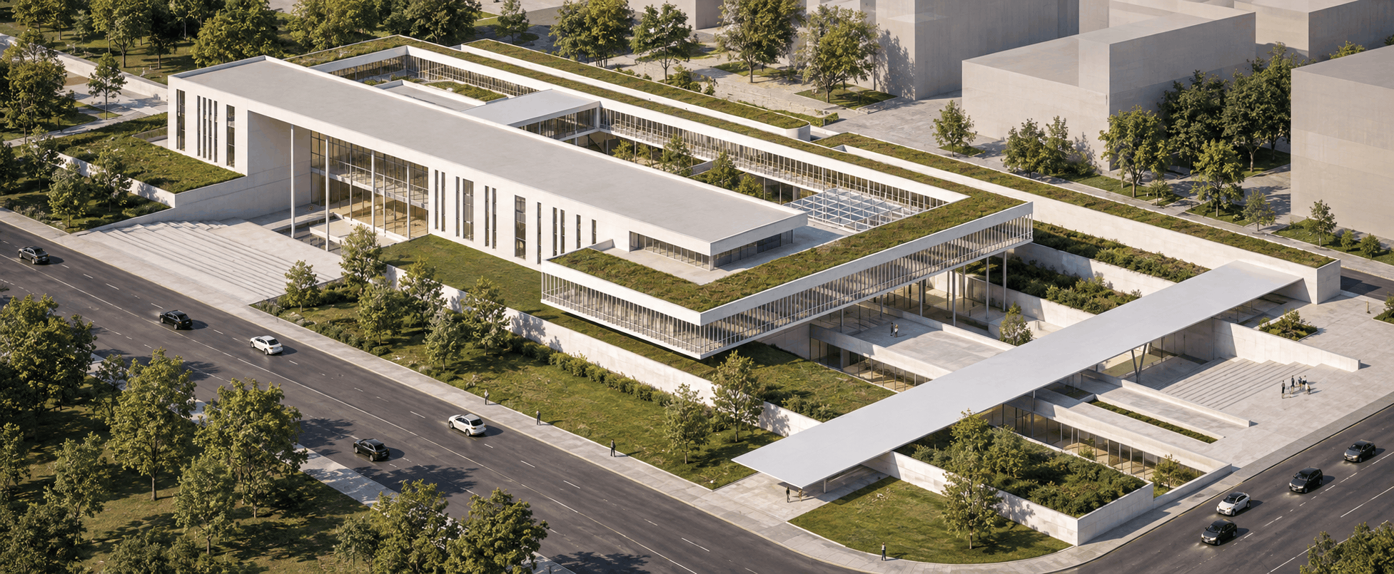 Konkursno rešenje ambasade u Beogradu – široki render kompleksa sa monumentalnim ulazom, zelenim krovovima i atrijumskim dvorištima