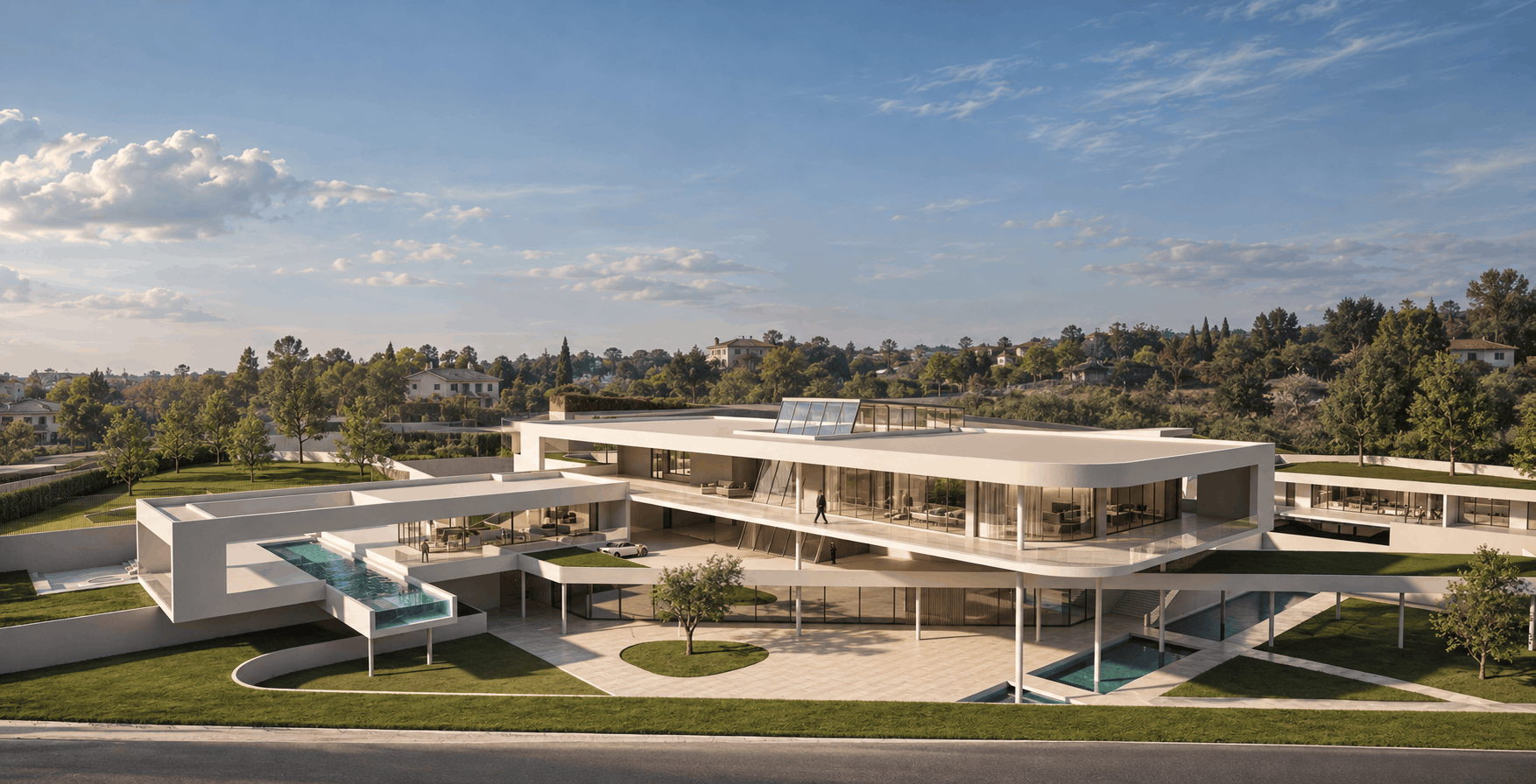 Konkursno rešenje rezidencije ambasadora – panoramski render sa zaobljenim staklenim fasadama, konzolnim bazenom i zelenim terasama
