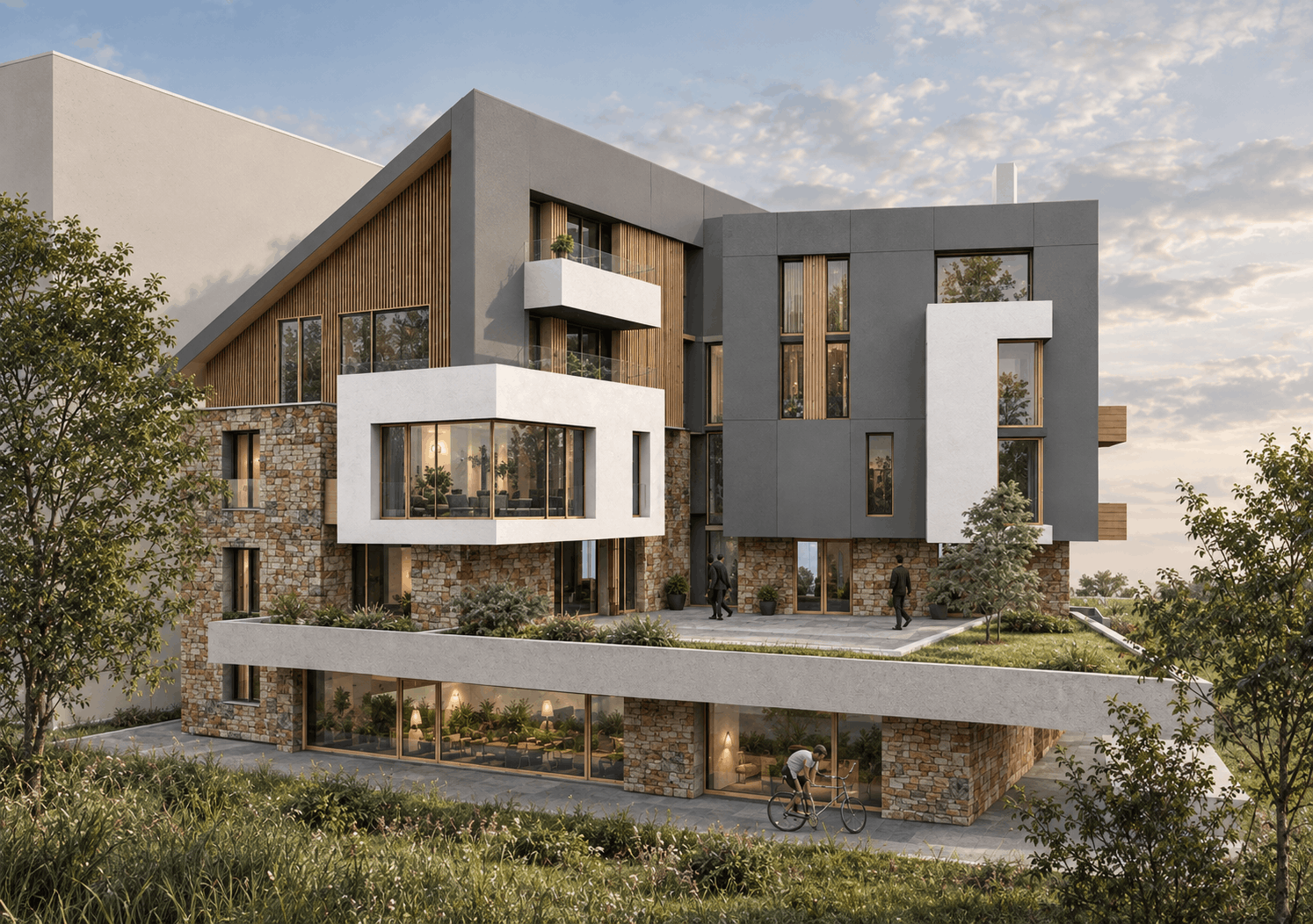 Render dvorišne fasade zgrade sa apartmanima na Zlatiboru sa kamenim prizemljem, belim erkerima i širokom ozelenjenom terasom