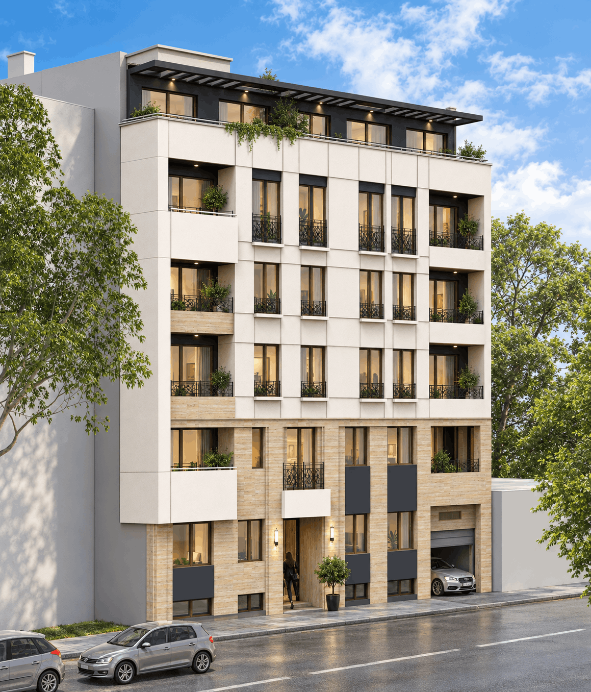 Ugaoni render fasade stambene zgrade na Dorćolu sa uvučenim lođama, metalnim ogradama i pergolom na krovnoj terasi